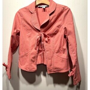 Sitwell Anthropologie Peach Coral Canvas Cotton Jacket Tie Front Size 8 M